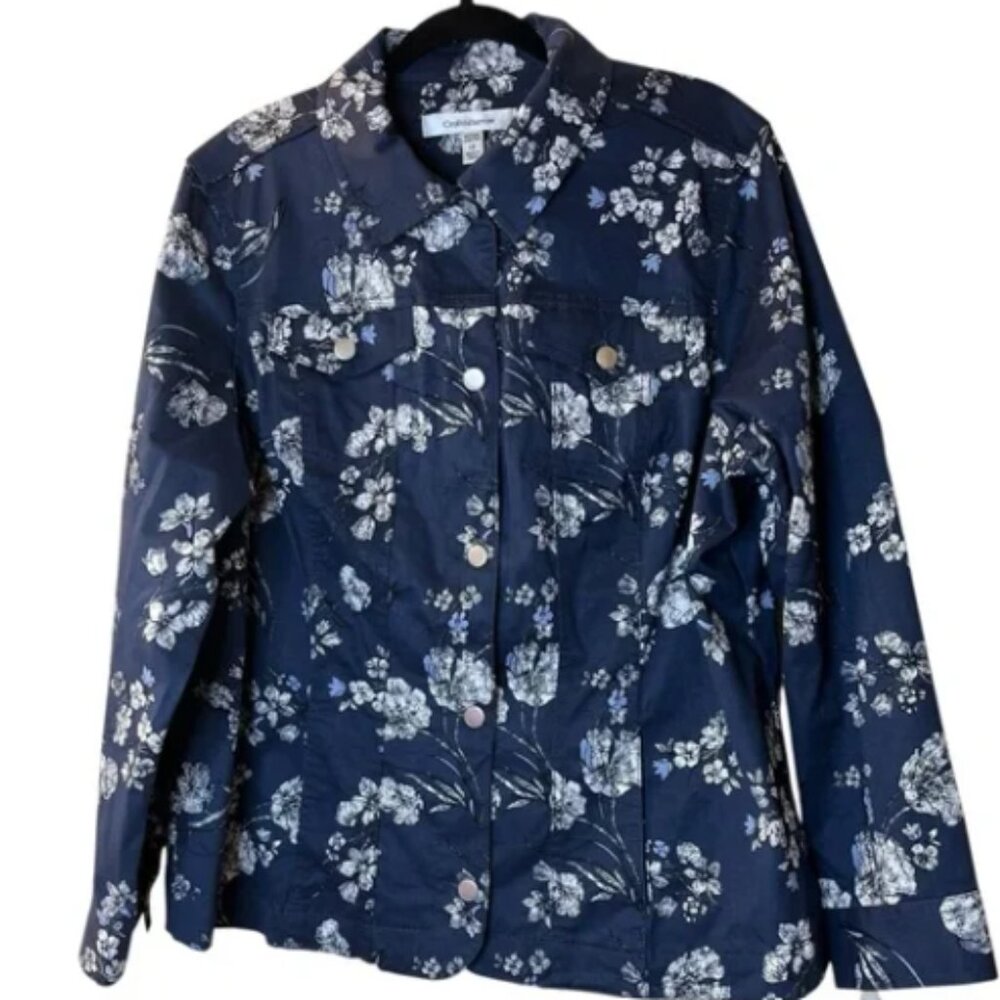 Plus Size Croft & Barrow Navy Floral Stretch Twill Jacket with Metal Buttons